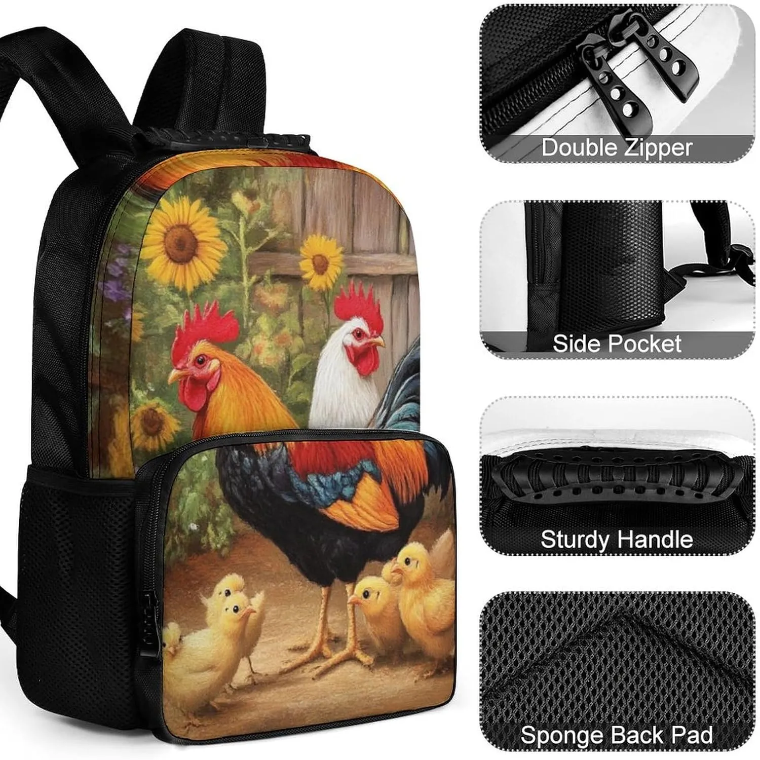 Garden Flowers Chicken Rooster Sunflowers Painting Rucksack Polyester Anti-Theft Multipurpose Bookbag Big Capacity Travel and Sport Backpack Rucksack With Side Pockets