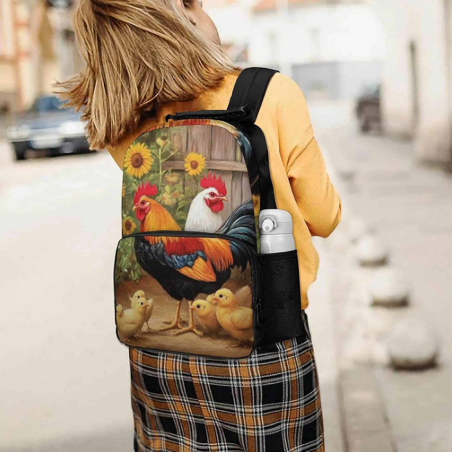 Garden Flowers Chicken Rooster Sunflowers Painting Rucksack Polyester Anti-Theft Multipurpose Bookbag Big Capacity Travel and Sport Backpack Rucksack With Side Pockets