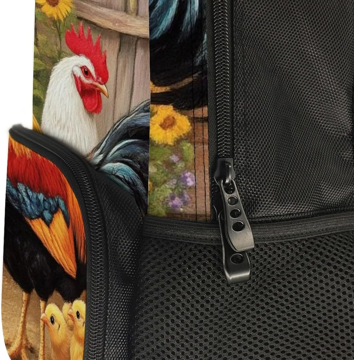 Garden Flowers Chicken Rooster Sunflowers Painting Rucksack Polyester Anti-Theft Multipurpose Bookbag Big Capacity Travel and Sport Backpack Rucksack With Side Pockets