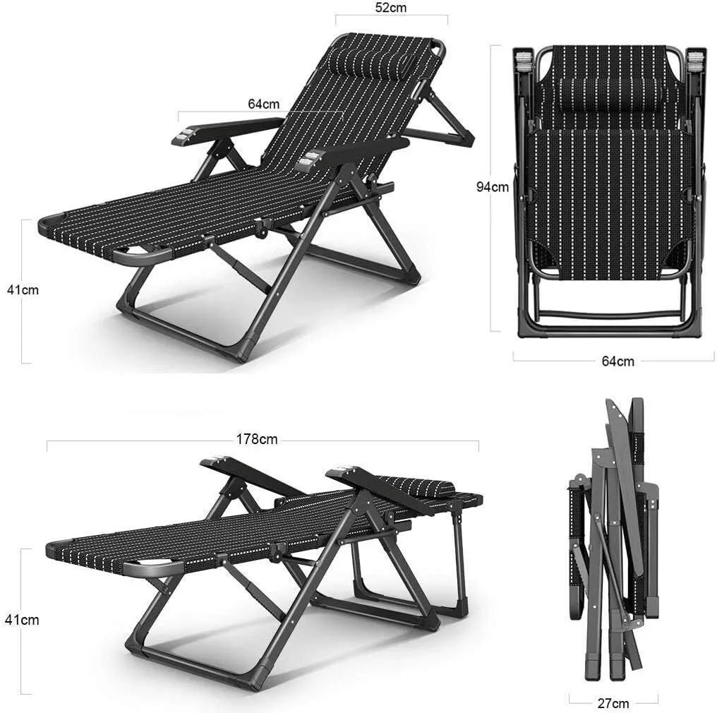 Garden Folding Deck Chair Outdoor Terrace Sun Loungers Home Office Recliner Armchair with Cushions Beach Terrace Camping Max.200kg(Black)