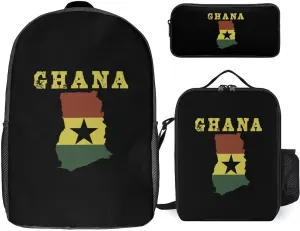 Ghana Flag Map 17 in Backpack Pencil Case and Lightweight Lunch Bag 3Pcs Set for Work Travel Leisure Day Trip