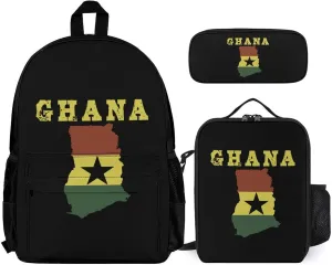 Ghana Flag Map 3Pcs Backpack Pencil Case and Lightweight Lunch Bag Set for Work Travel Leisure Day Trip Gift