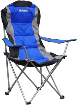 GigaTent Blue Folding Camping Chair – Ultra Lightweight Collapsible Quad Padded Lawn Seat with Full Back, Arm Rests, Cup Holder and Shoulder Strap Carrying Bag – Powder Coated Steel Frame