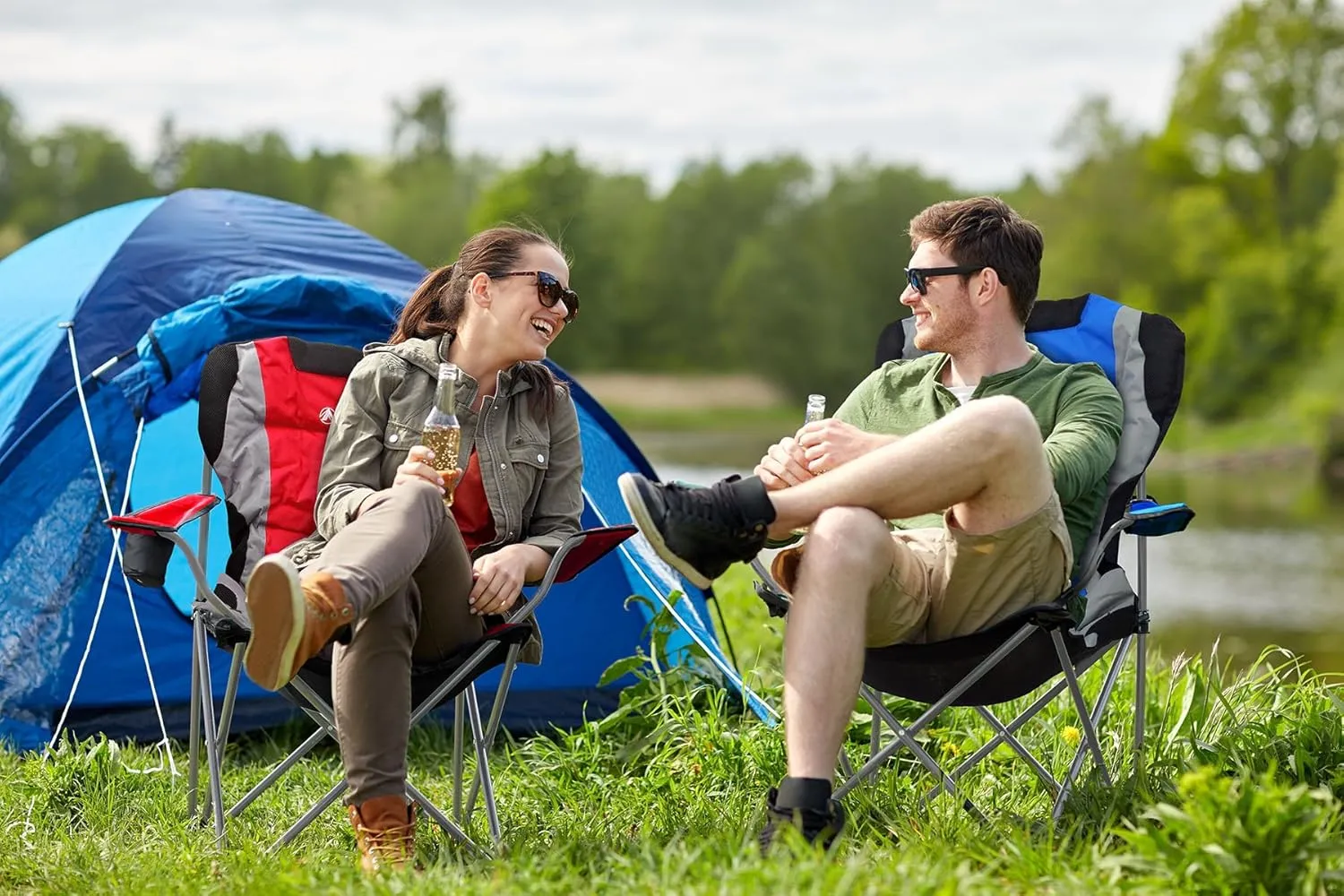 GigaTent Blue Folding Camping Chair – Ultra Lightweight Collapsible Quad Padded Lawn Seat with Full Back, Arm Rests, Cup Holder and Shoulder Strap Carrying Bag – Powder Coated Steel Frame