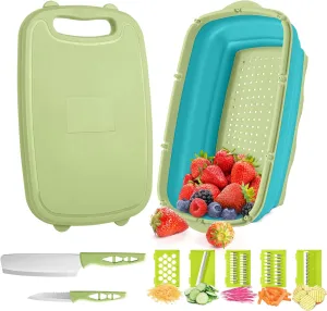 Gintan Camping Cutting Board, 9-in-1 Collapsible Chopping Board with Colander, Kitchen Vegetable Washing Basket for Camping, Camping Gifts Camping Accessories for RV Campers（Blue Green)