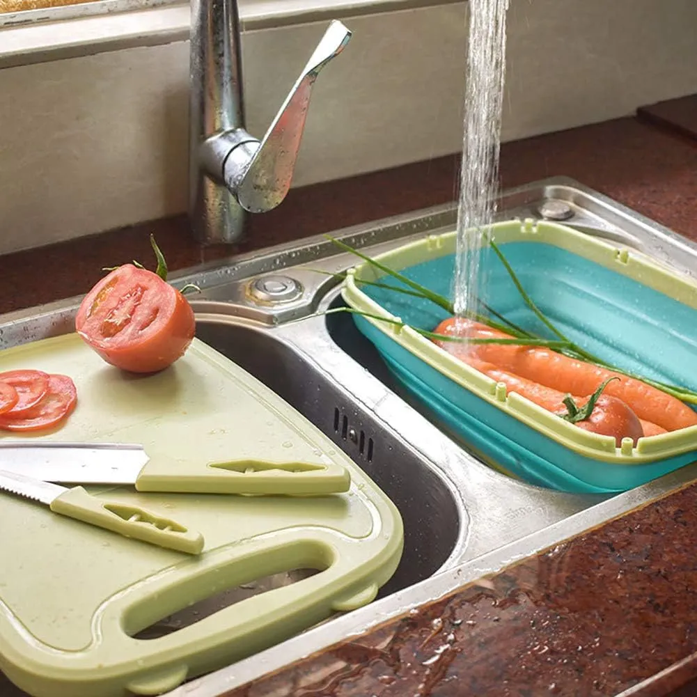 Gintan Camping Cutting Board, 9-in-1 Collapsible Chopping Board with Colander, Kitchen Vegetable Washing Basket for Camping, Camping Gifts Camping Accessories for RV Campers（Blue Green)