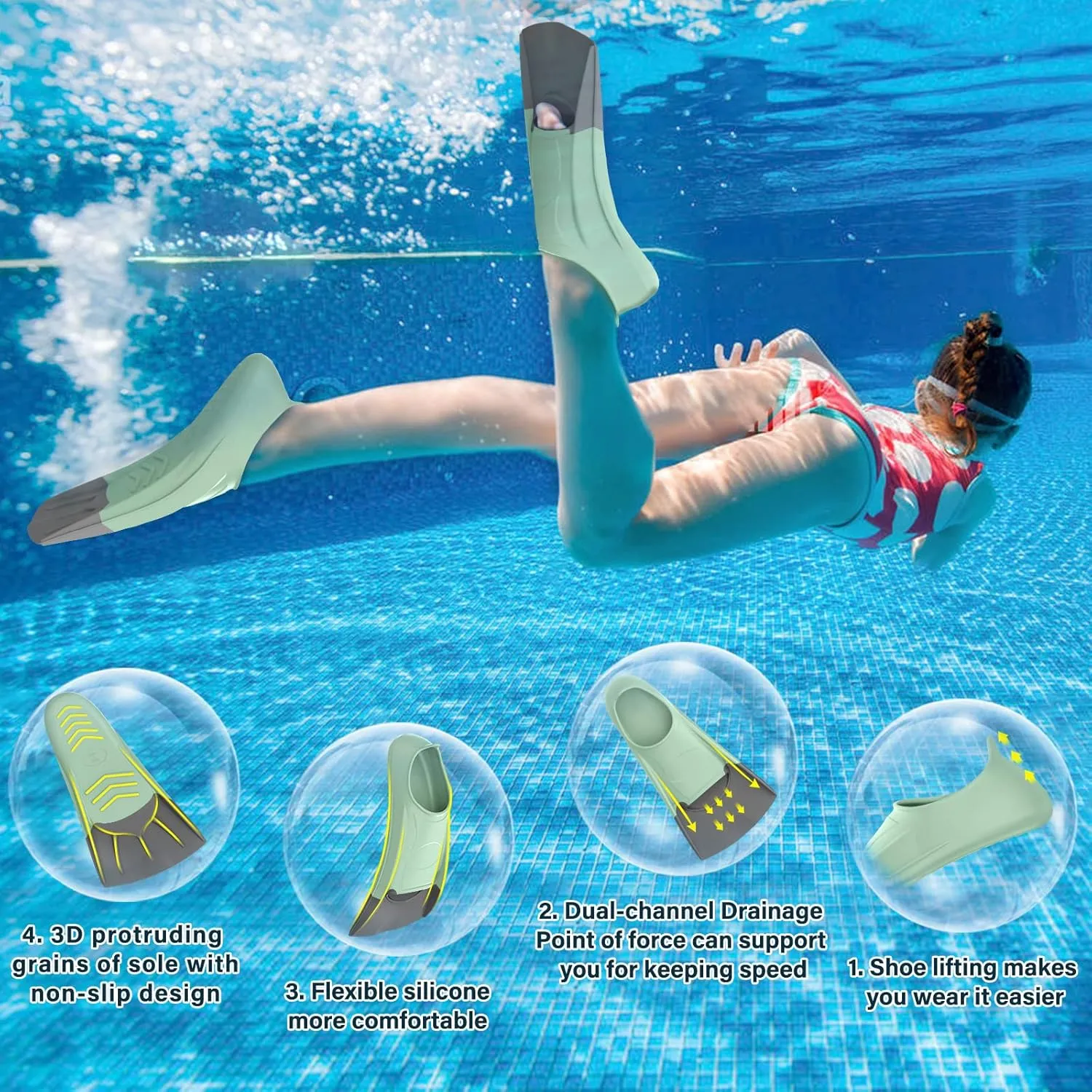 Gintenco Swim Fins, Kids Swim Training Fins for Lap Swimming, Travel Size Flippers with Mesh Bag, Silicone Swimming Fins for Kids Teens Adults Women Men