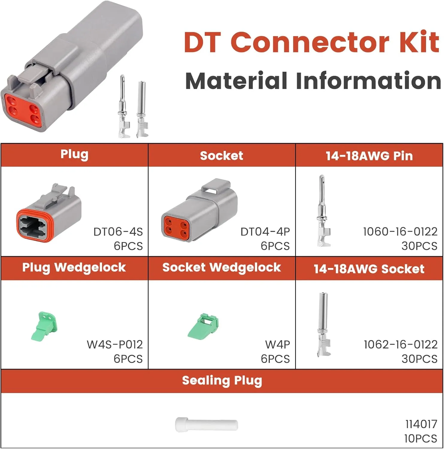 GKG DTK4-1 4 Pin Deutsch Connector Kit,6 Sets DT Deutsch Connector 4 Pin,Gray Waterproof Electrical Wire Connectors with 30 Pairs Size 16 Stamped Contacts 14-18AWG for Engine,Truck and Boat,etc