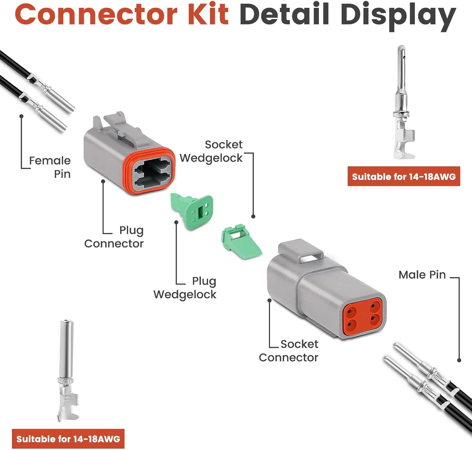 GKG DTK4-1 4 Pin Deutsch Connector Kit,6 Sets DT Deutsch Connector 4 Pin,Gray Waterproof Electrical Wire Connectors with 30 Pairs Size 16 Stamped Contacts 14-18AWG for Engine,Truck and Boat,etc