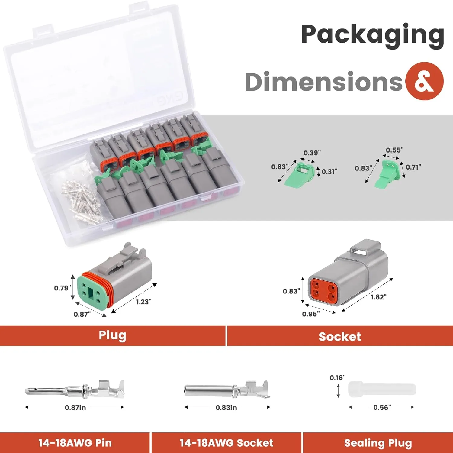 GKG DTK4-1 4 Pin Deutsch Connector Kit,6 Sets DT Deutsch Connector 4 Pin,Gray Waterproof Electrical Wire Connectors with 30 Pairs Size 16 Stamped Contacts 14-18AWG for Engine,Truck and Boat,etc