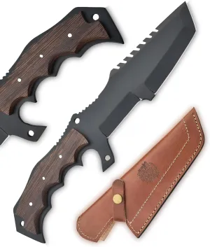 GLADIUS CRAFTS| 13 inch handcrafted military tracker knife with Leather sheath - 8 inch Black Powder Coated Stainless Steel Blade with 5-inch wooden handle for Camping, Outdoor, Bush craft
