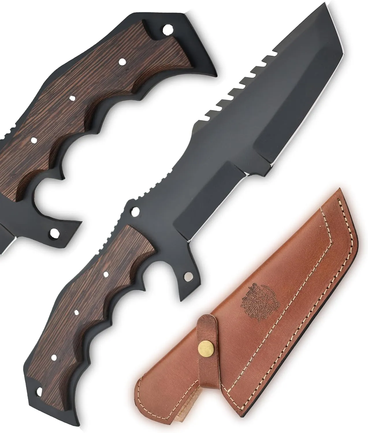 GLADIUS CRAFTS| 13 inch handcrafted military tracker knife with Leather sheath - 8 inch Black Powder Coated Stainless Steel Blade with 5-inch wooden handle for Camping, Outdoor, Bush craft