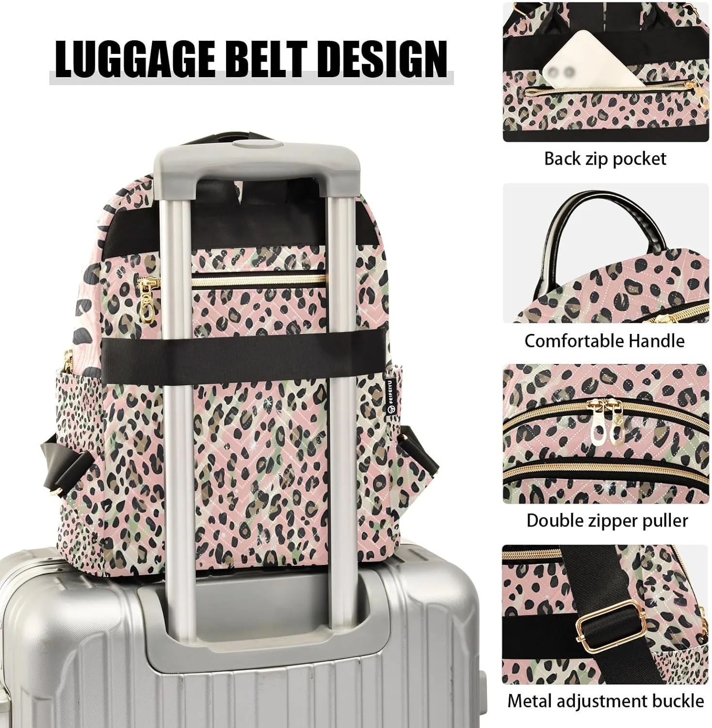 Glam Leopardpink Campus Backpack Purse Bookbag Quilted Backpack for Women 13" Laptop Backpack Stylish Printed Rucksack with Multiple Pockets Lightweight Travel