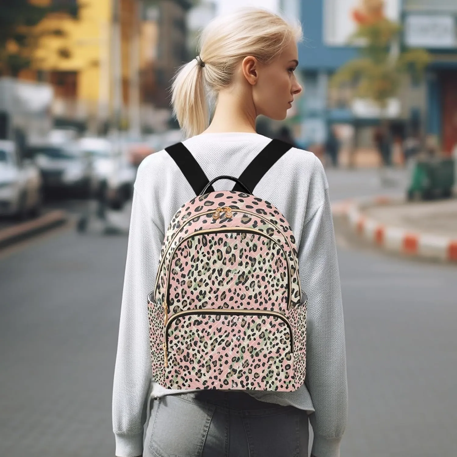 Glam Leopardpink Campus Backpack Purse Bookbag Quilted Backpack for Women 13" Laptop Backpack Stylish Printed Rucksack with Multiple Pockets Lightweight Travel