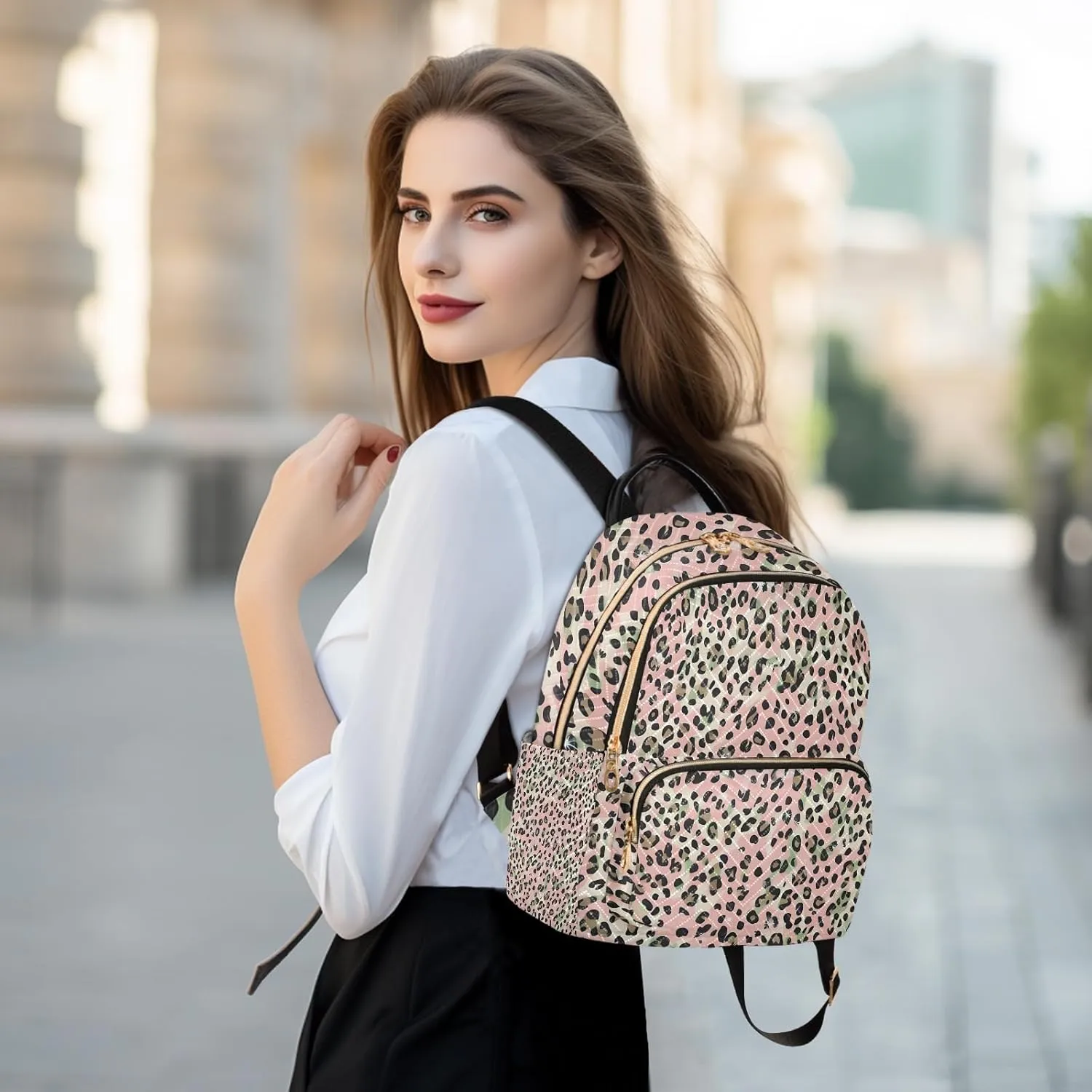 Glam Leopardpink Campus Backpack Purse Bookbag Quilted Backpack for Women 13" Laptop Backpack Stylish Printed Rucksack with Multiple Pockets Lightweight Travel
