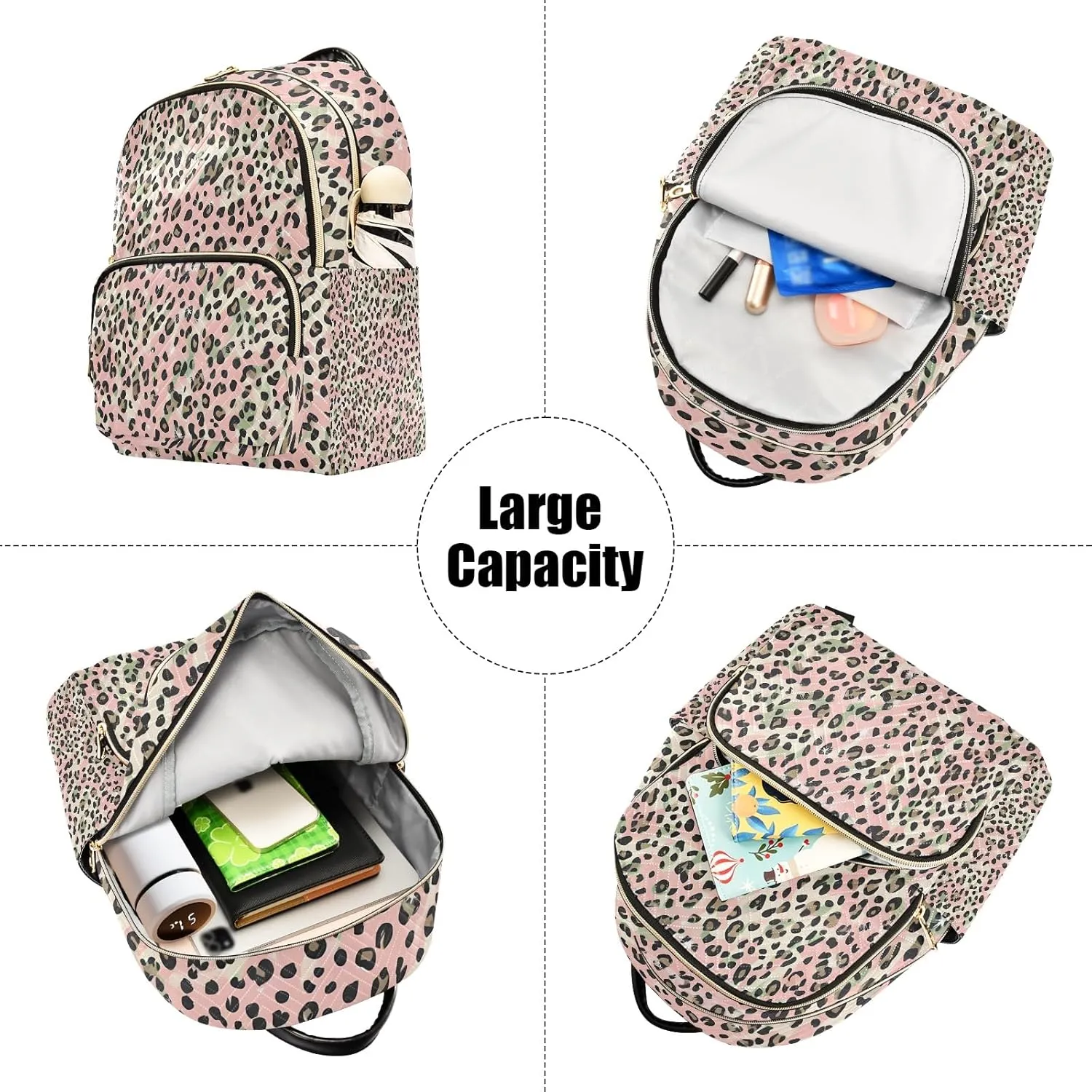Glam Leopardpink Campus Backpack Purse Bookbag Quilted Backpack for Women 13" Laptop Backpack Stylish Printed Rucksack with Multiple Pockets Lightweight Travel