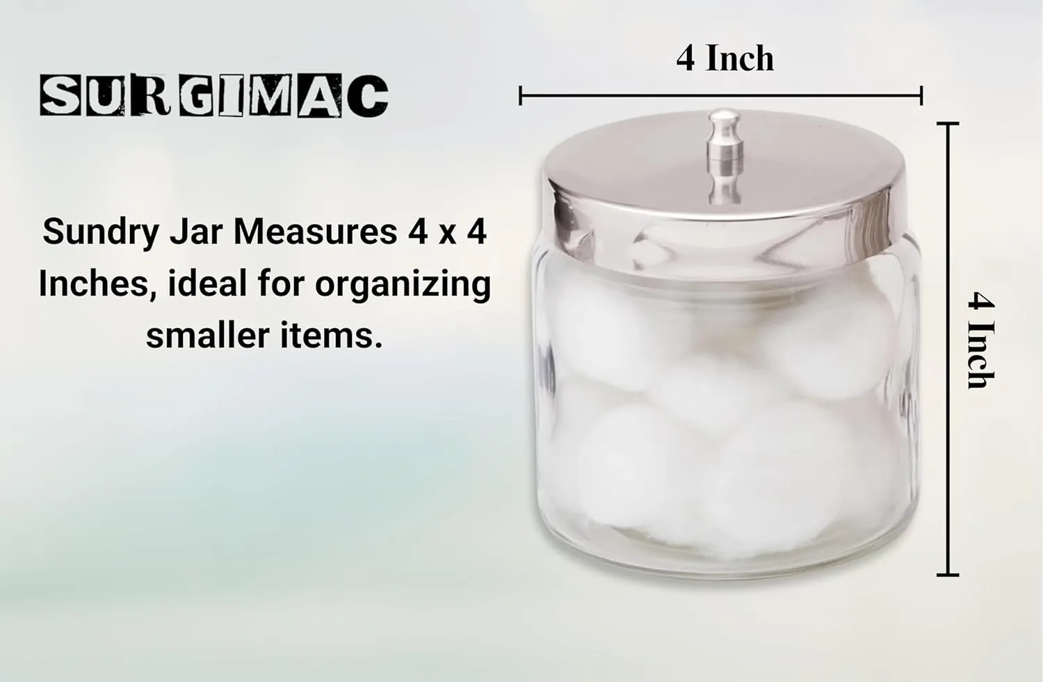 Glass Sundry Jar with Lid - 4 x 4 Inch Clear Storage Container - Compact & Durable Glass Jars for Tongue Depressors, Cotton Balls, Glass jar with Metal lid, and Sundry Jar Supplies | 1 Count