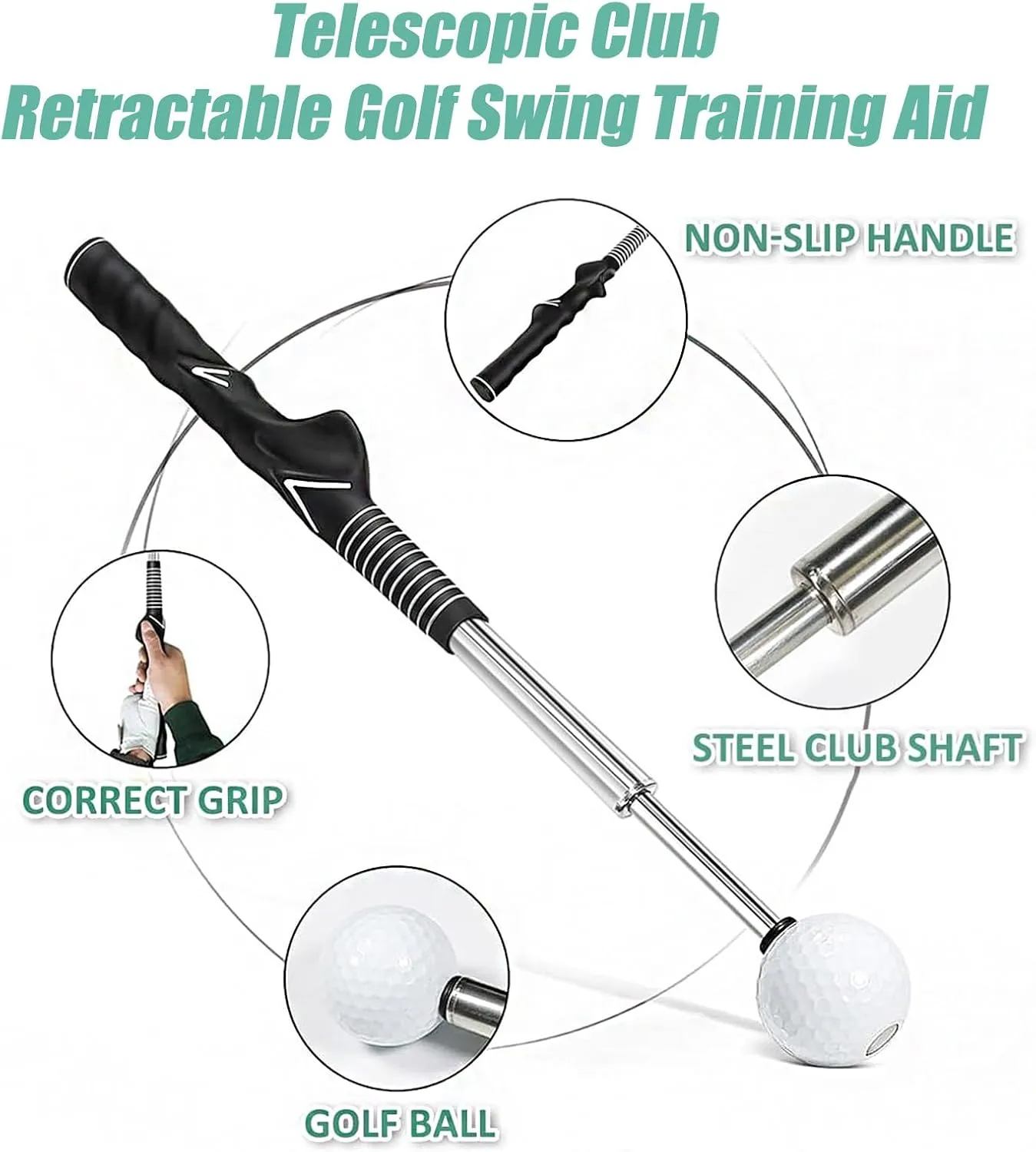 Gloryboom Telescopic Club, Retractable Golf Swing Training Aid, Golf Grip Trainer with Click Feedback, Strength & Tempo Training for Chipping Hitting, for Right & Left-Handed Golfers