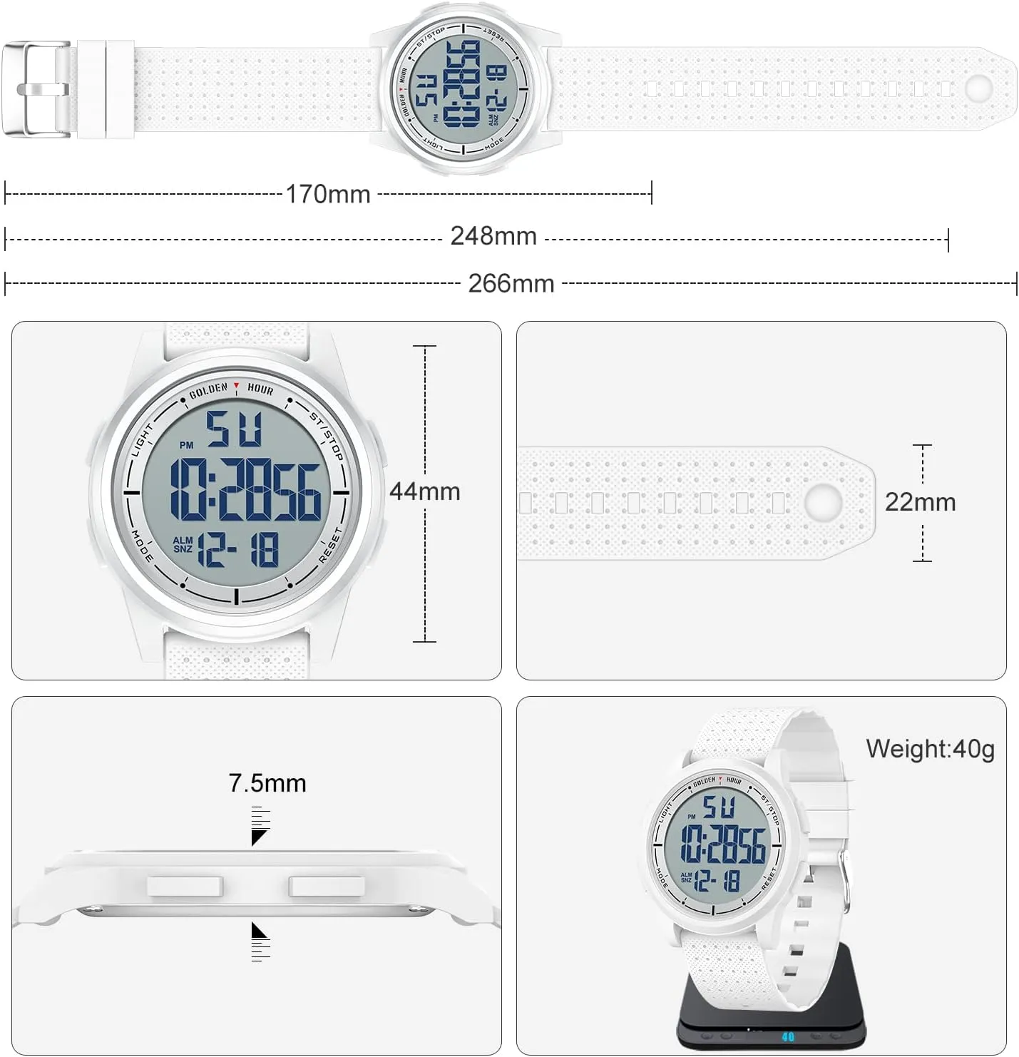 GOLDEN HOUR Ultra-Thin Minimalist Sports Waterproof Digital Watches Men with Wide-Angle Display Rubber Strap Wrist Watch for Men Women