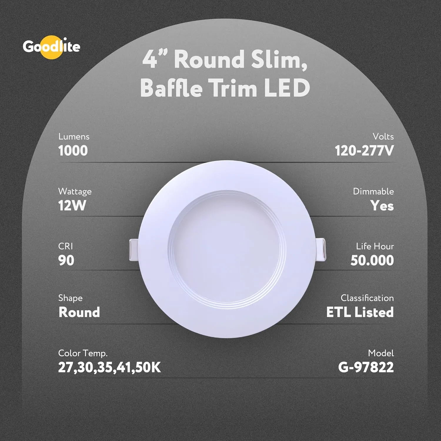 Goodlite 4" LED Round, Recessed Ultra Slim Baffle-Trim Fixture, 12W, 120-277V, CRI 90 , Wet & ETL, Triac & 0-10V Dimming, 1000 Lumens, Color Selectable 2700k-3000k-3500k-4100k-5000k, 1ct (G-97822)