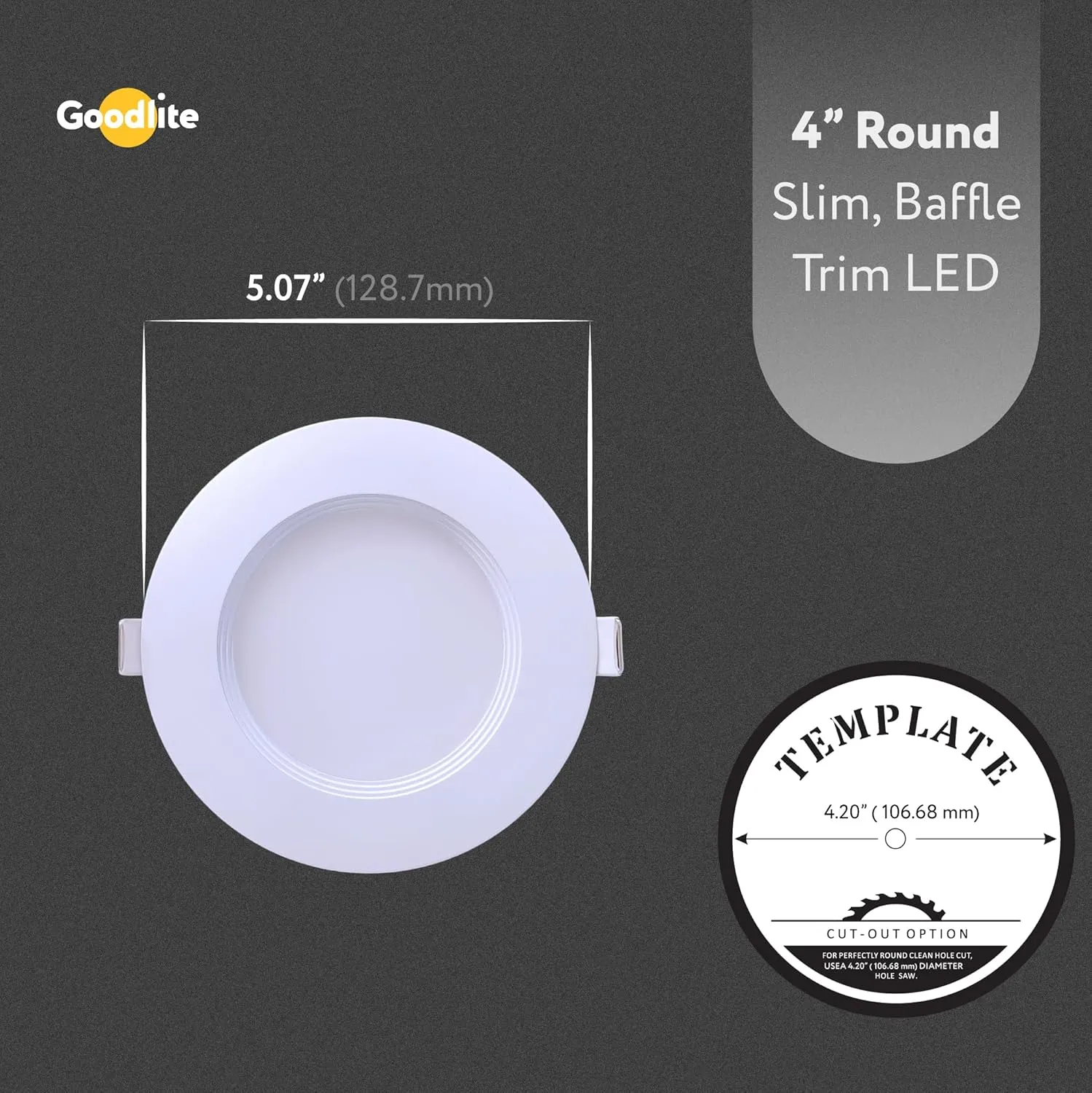 Goodlite 4" LED Round, Recessed Ultra Slim Baffle-Trim Fixture, 12W, 120-277V, CRI 90 , Wet & ETL, Triac & 0-10V Dimming, 1000 Lumens, Color Selectable 2700k-3000k-3500k-4100k-5000k, 1ct (G-97822)