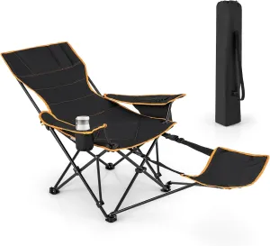 Goplus Reclining Camping Chair with Removable Footrest, 2-in-1 Folding Lounge Chair w/Adjustable Backrest Storage Bag & Cup Holder,Portable Recliner Cozy Lounge Chair for Picnic, Fishing (1)