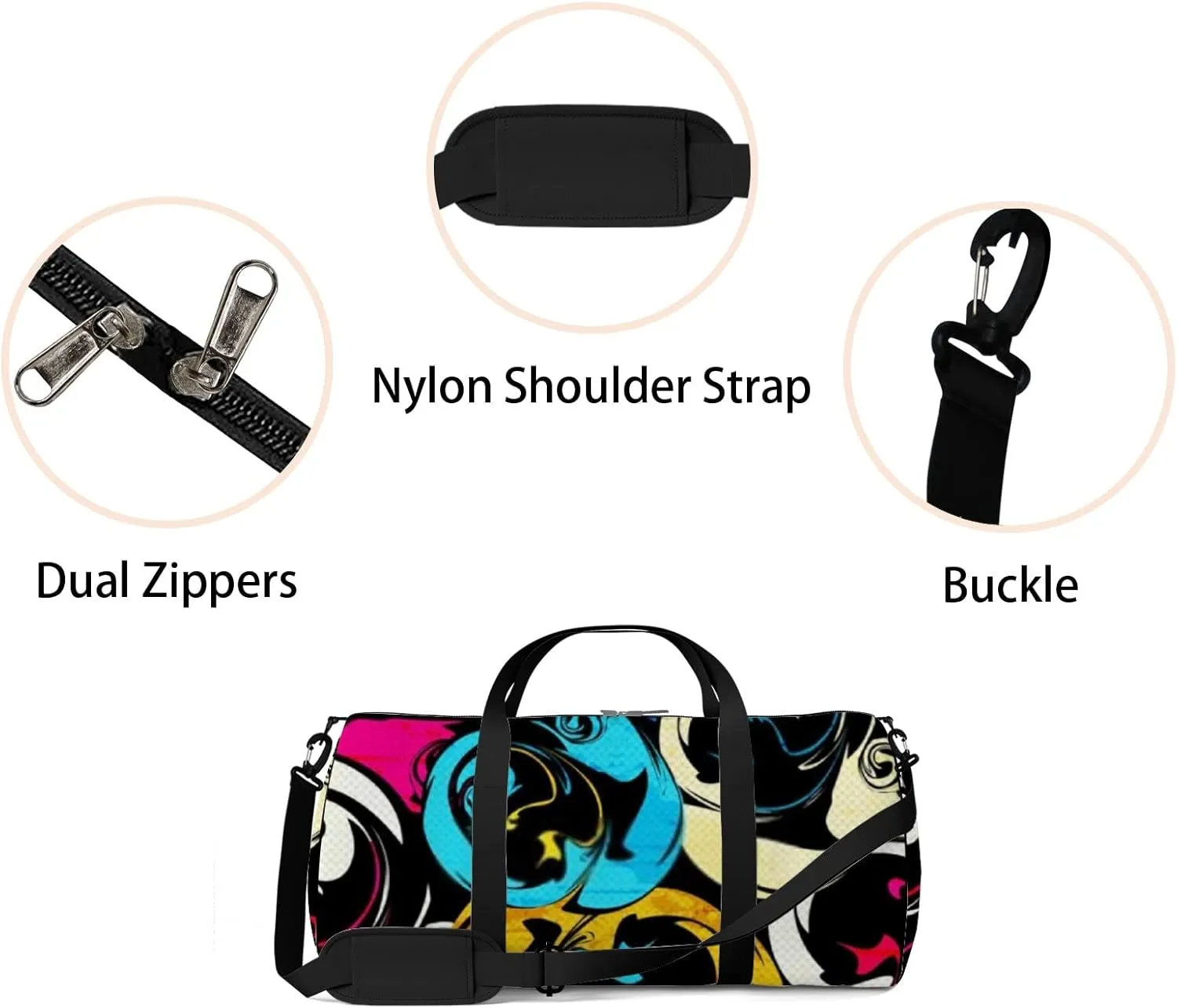 Graffiti Bright Psychedelic Seamless Pattern on Sports Bag Tote Bag Waterproof Gym Bag with Shoulder Strap Zipper 2 Side Pockets for Men and Women, Travel and Storage Shoulder Bag.