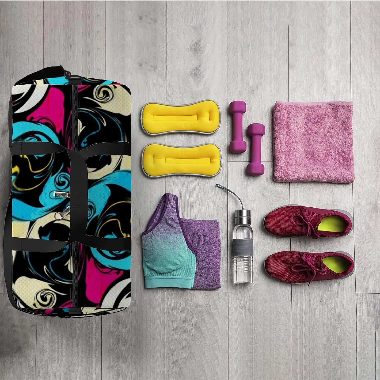 Graffiti Bright Psychedelic Seamless Pattern on Sports Bag Tote Bag Waterproof Gym Bag with Shoulder Strap Zipper 2 Side Pockets for Men and Women, Travel and Storage Shoulder Bag.