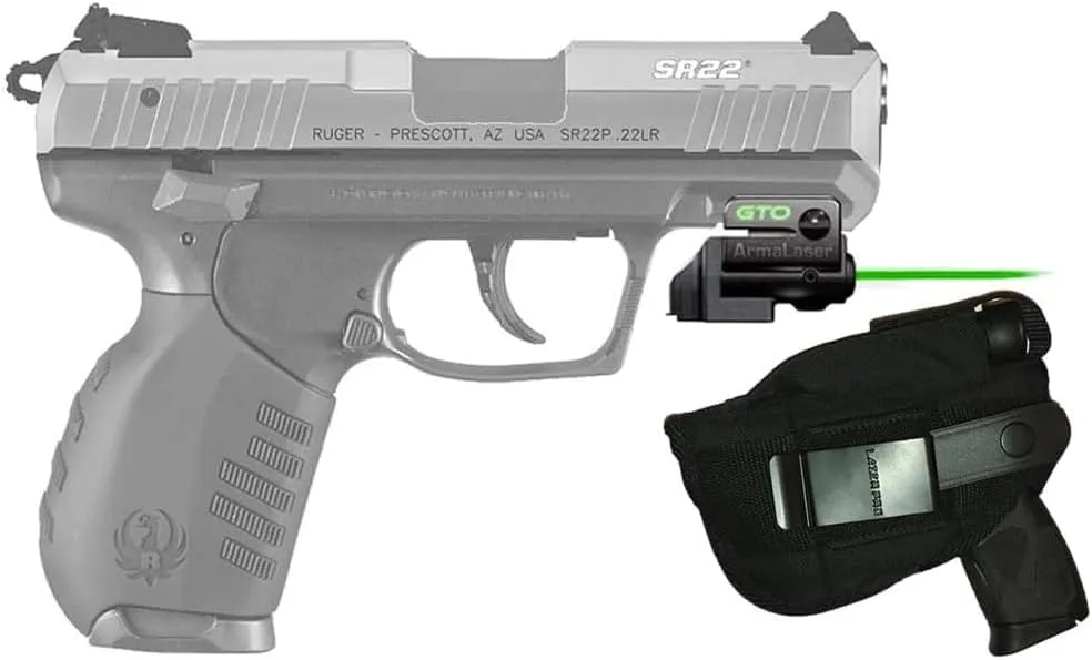 Green Laser Kit for Ruger Pistols w/Rails: SR9c SR40c SR22 American Compact, Security-9 & 380 with Holster, ArmaLaser GTOGS/GTOG/GTO-G Laser Sight & 2 Extra Batteries
