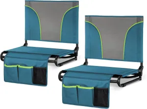 GREEN PARTY Portable Folding Stadium Seats Extra Wide 20.1" Chair for Bleachers with 2 Storage Pockets & Mesh Cup Holder, 600D Oxford Fabric, Comfortable Padded Cushion & Back Support Blue Grey