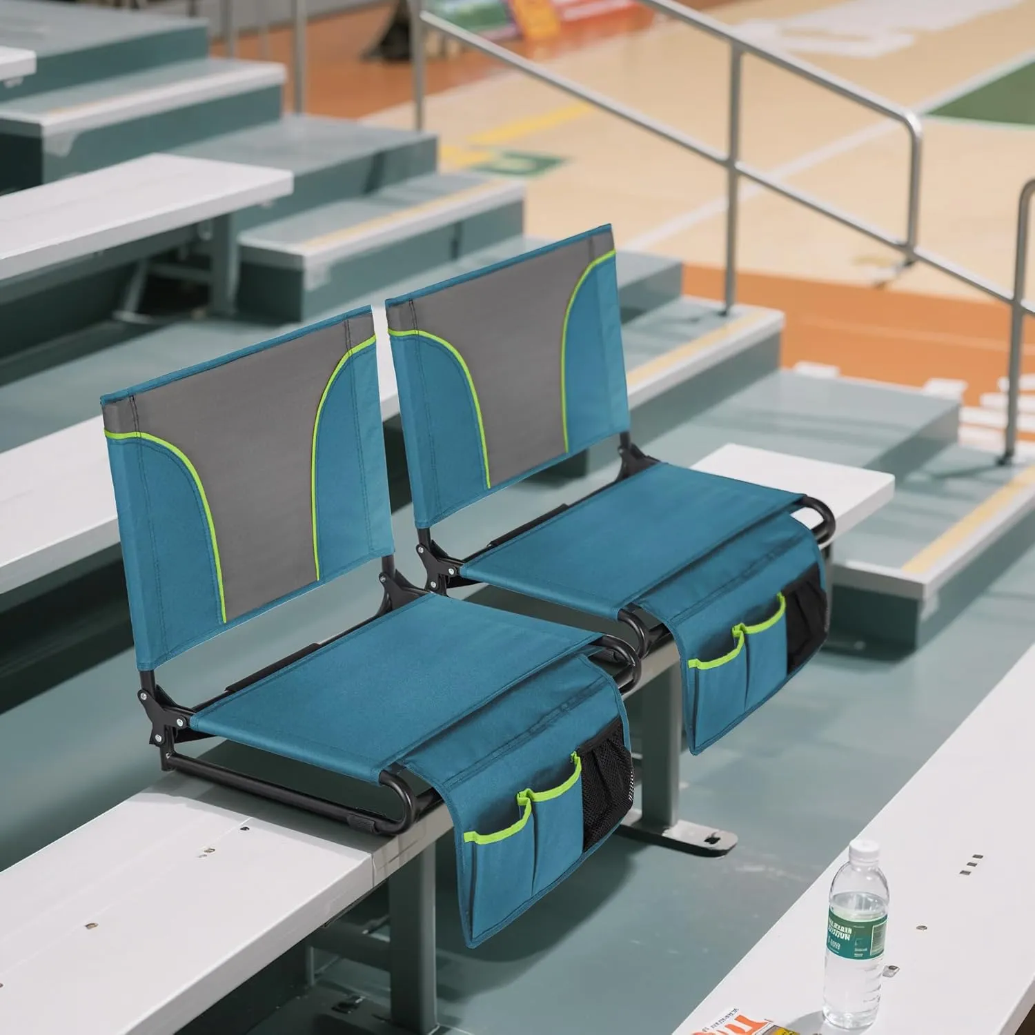 GREEN PARTY Portable Folding Stadium Seats Extra Wide 20.1" Chair for Bleachers with 2 Storage Pockets & Mesh Cup Holder, 600D Oxford Fabric, Comfortable Padded Cushion & Back Support Blue Grey