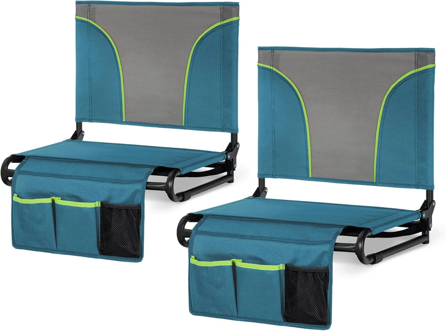 GREEN PARTY Portable Folding Stadium Seats Extra Wide 20.1" Chair for Bleachers with 2 Storage Pockets & Mesh Cup Holder, 600D Oxford Fabric, Comfortable Padded Cushion & Back Support Blue Grey