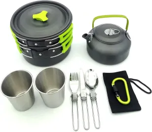 Green,Camping Cookware Mess Kit, Lightweight Pot Pan Kettle with 2 Cups, Fork Spoon Kit Stainless Steel for Backpacking, Outdoor Camping Hiking and Picnic