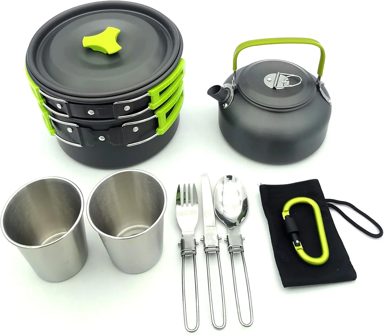 Green,Camping Cookware Mess Kit, Lightweight Pot Pan Kettle with 2 Cups, Fork Spoon Kit Stainless Steel for Backpacking, Outdoor Camping Hiking and Picnic