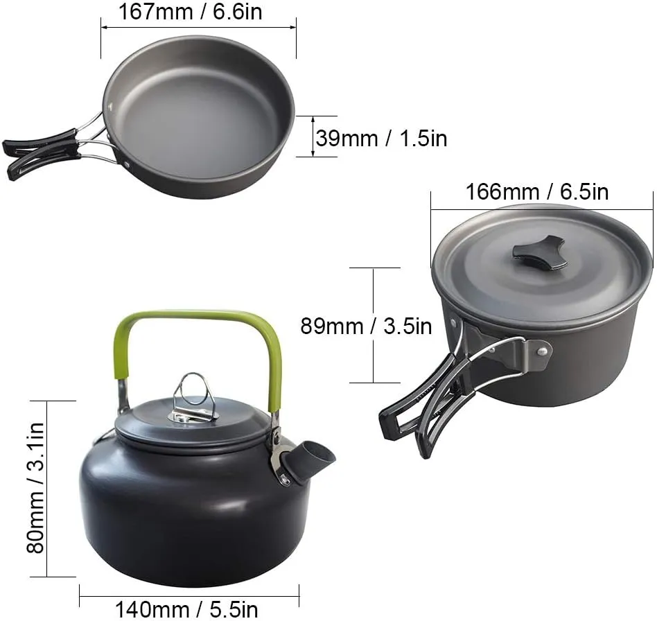 Green,Camping Cookware Mess Kit, Lightweight Pot Pan Kettle with 2 Cups, Fork Spoon Kit Stainless Steel for Backpacking, Outdoor Camping Hiking and Picnic