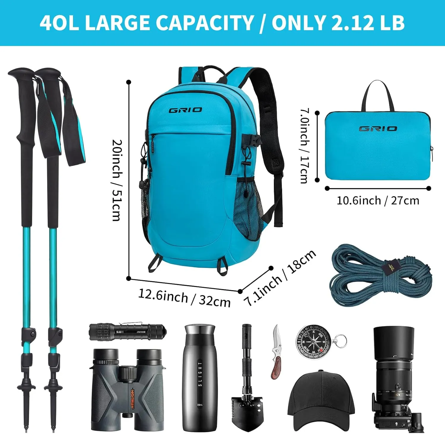 GRIO 40L Lightweight Hiking Backpack Unisex - Recycled Nylon Lightweight Daypack, Waterproof Foldable Trekking Bag for Camping Travel & Outdoor Sports