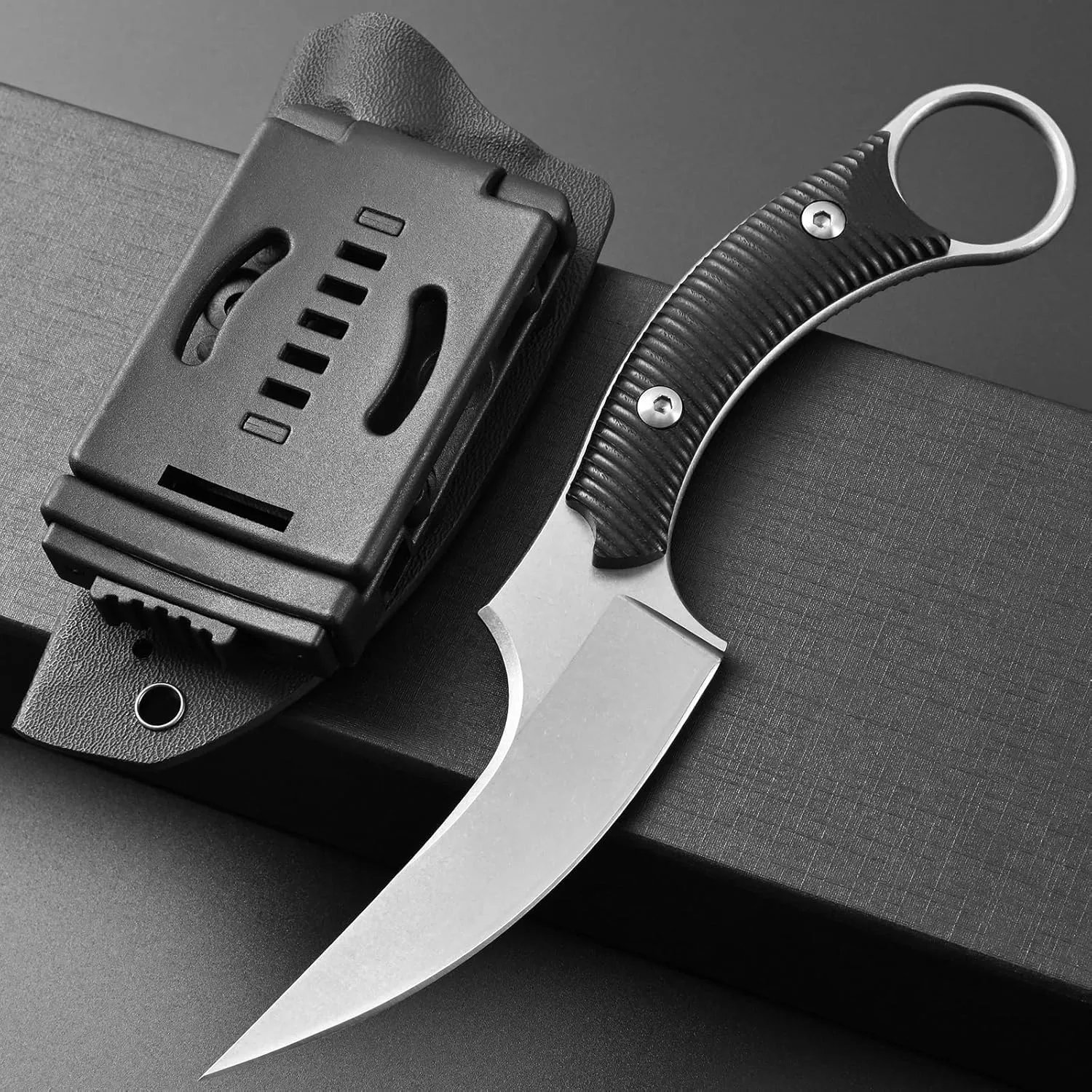 Gtk490 Fixed Blade Knife, D2 Steel Blade G10 Handle with Kydex Sheath EDC Tool Knife for Outdoor Camping Hiking(Silver)
