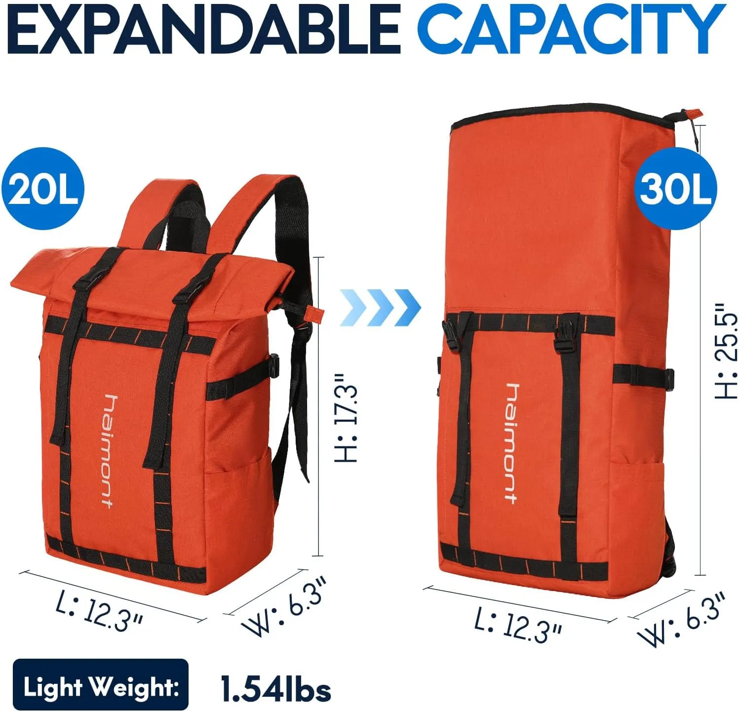 Haimont Rolltop Backpack Commuter Carry on Backpack for Women Men Water-Resistant Daypack with Multiple Pockets, 20L, Orange