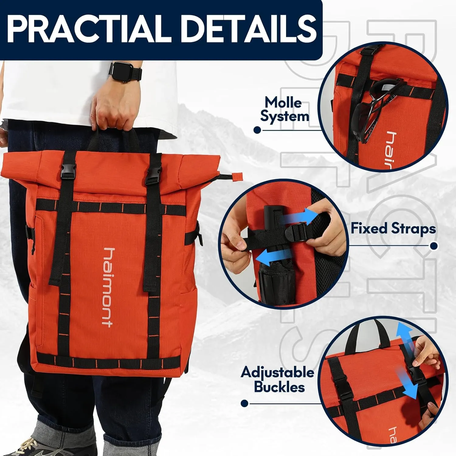Haimont Rolltop Backpack Commuter Carry on Backpack for Women Men Water-Resistant Daypack with Multiple Pockets, 20L, Orange