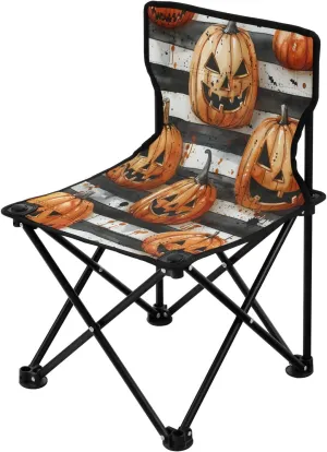 Halloween Striped Pumpkin Portable Outdoor Folding Chair Anti-Slip Padded Oxford Cloth Stool Camping Chair Small for Beach Hiking Fishing Gardening Quad Camp Chair