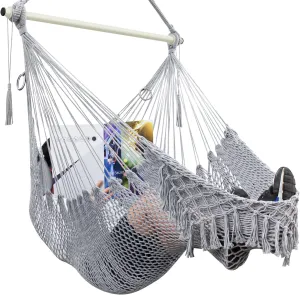 Hammock Chair, Cotton Rope Handwoven Chair with Collapsible Metal Spreader Bar Max 330 LBS for Indoor&Outdoor, Patio, Garden, Yard (Gray)