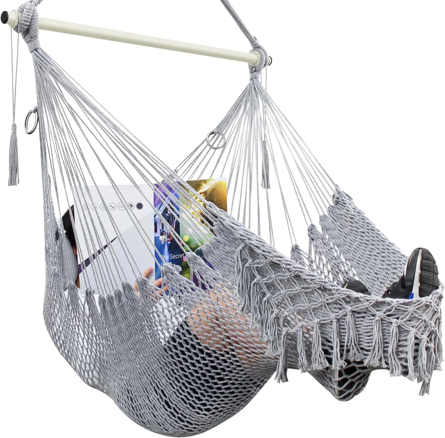 Hammock Chair, Cotton Rope Handwoven Chair with Collapsible Metal Spreader Bar Max 330 LBS for Indoor&Outdoor, Patio, Garden, Yard (Gray)