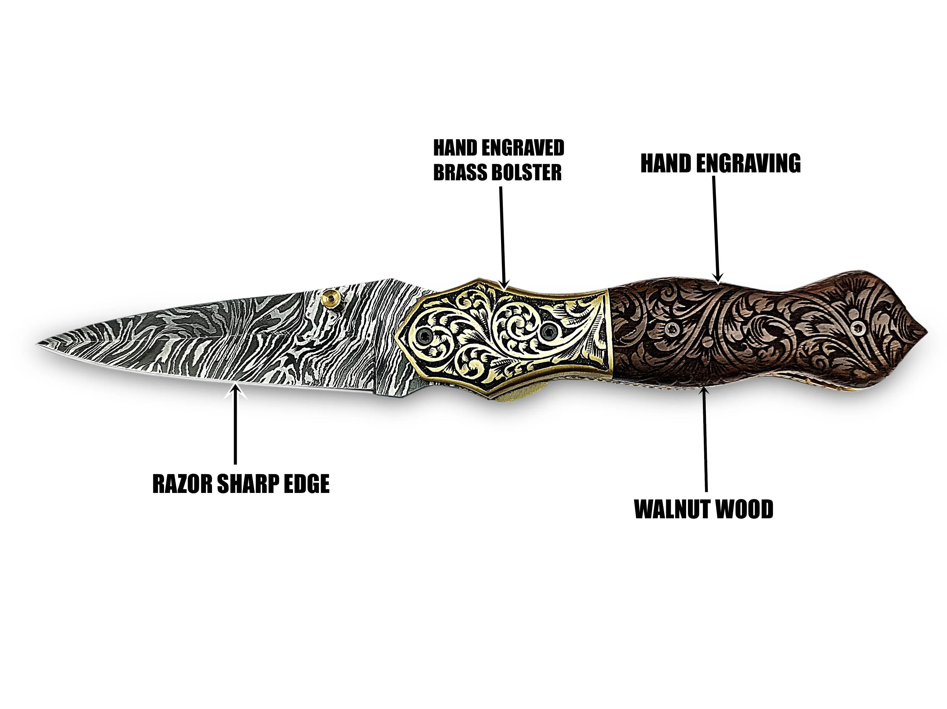Hand Engraved Brass Bolster and Walnut Burl Wood Folding Pocket Knife Dagger Custom Handcrafted Damascus Steel 7.5 inches with Leather Sheath Perfect Gift for Art Lovers and Collectors CLKFOL1122