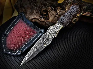 Hand Engraved Brass Bolster and Walnut Burl Wood Folding Pocket Knife Dagger Custom Handcrafted Damascus Steel 7.5 inches with Leather Sheath Perfect Gift for Art Lovers and Collectors CLKFOL1122