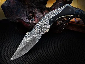 Hand Engraved Copper Bolster Folding Pocket Knife and Buffalo Horn Handle 8.00 inches Custom Handcrafted Damascus Steel with Leather Sheath Perfect Gift for Your Loved Ones CLKFOL1117