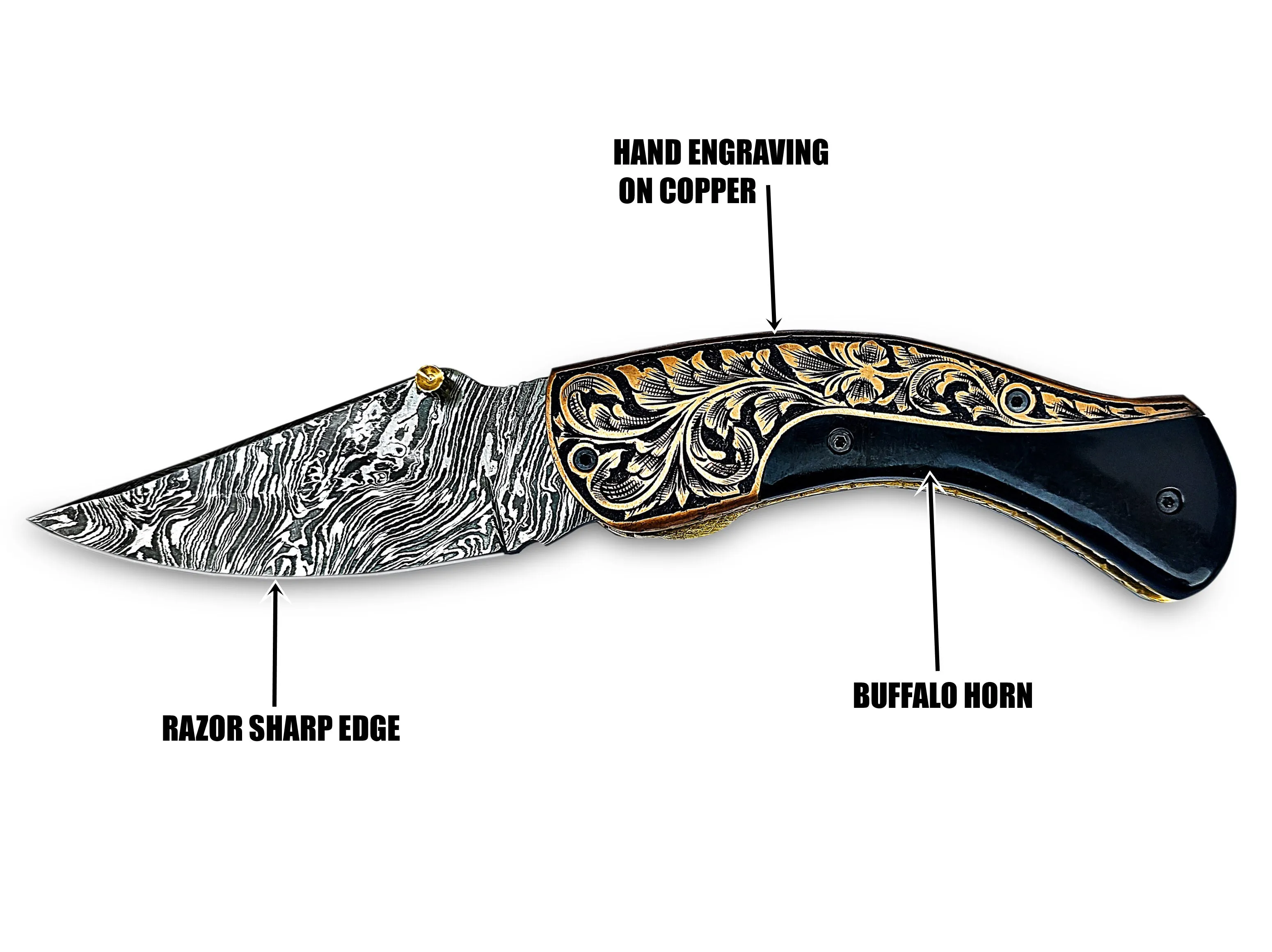Hand Engraved Copper Bolster Folding Pocket Knife and Buffalo Horn Handle 8.00 inches Custom Handcrafted Damascus Steel with Leather Sheath Perfect Gift for Your Loved Ones CLKFOL1117