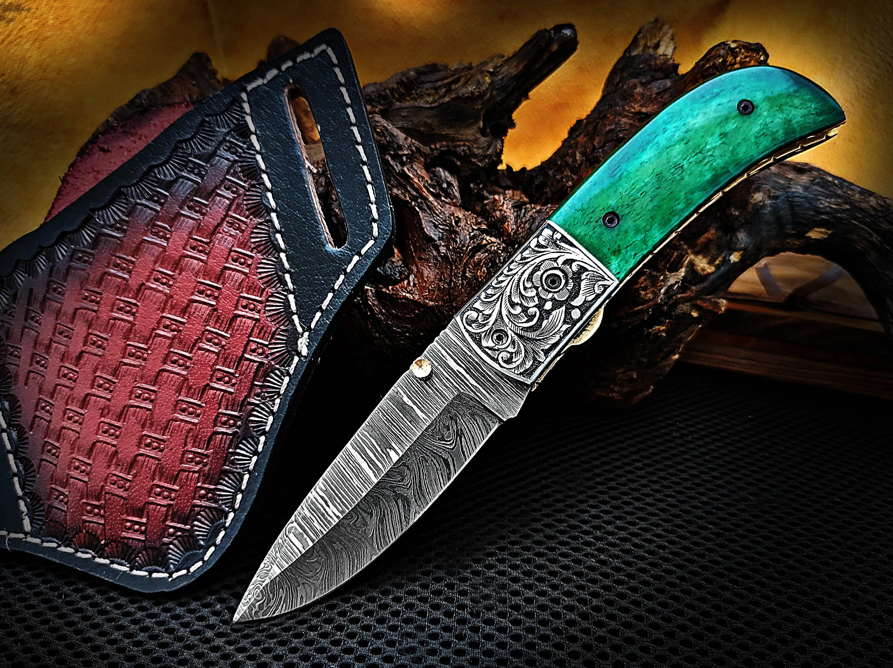 Hand Engraved Steel Bolster Folding Pocket Knife Green Colored Camel Bone Handle Custom Handcrafted Damascus Steel 7.50 inches with Leather Sheath Perfect Gift for All Occasions CLKFOL1116