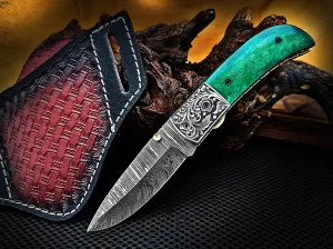 Hand Engraved Steel Bolster Folding Pocket Knife Green Colored Camel Bone Handle Custom Handcrafted Damascus Steel 7.50 inches with Leather Sheath Perfect Gift for All Occasions CLKFOL1116