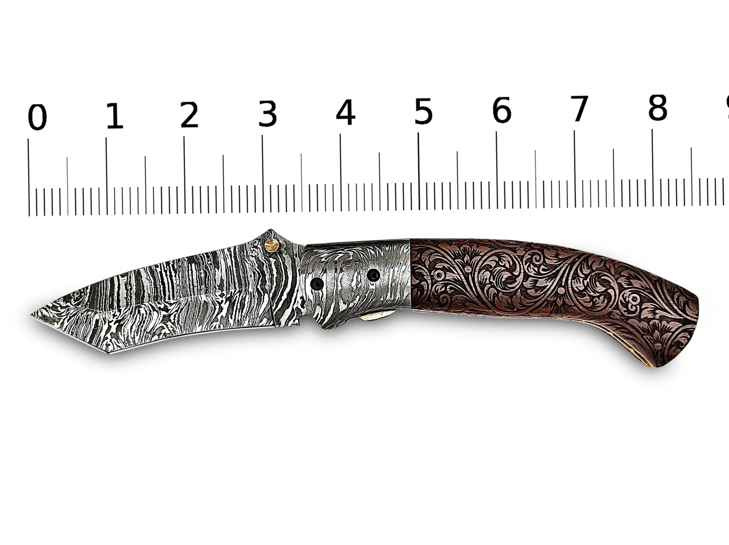 Hand Engraving on Walnut Wood Tanto Folding Pocket Knife and Damascus Bolster 8.50 inches Custom Handcrafted Damascus Steel with Leather Sheath Perfect Gift for All Times CLKFOL1118