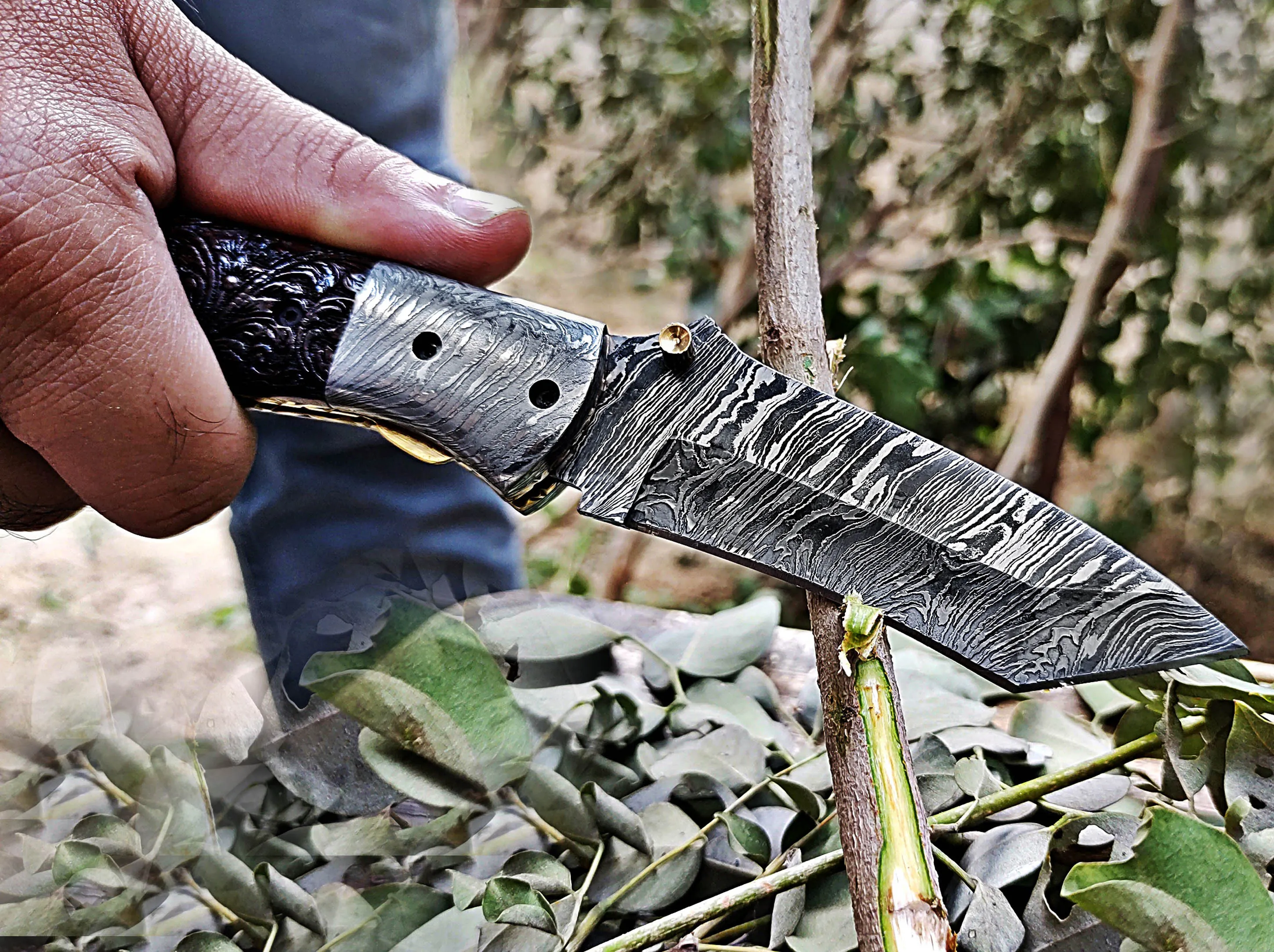 Hand Engraving on Walnut Wood Tanto Folding Pocket Knife and Damascus Bolster 8.50 inches Custom Handcrafted Damascus Steel with Leather Sheath Perfect Gift for All Times CLKFOL1118